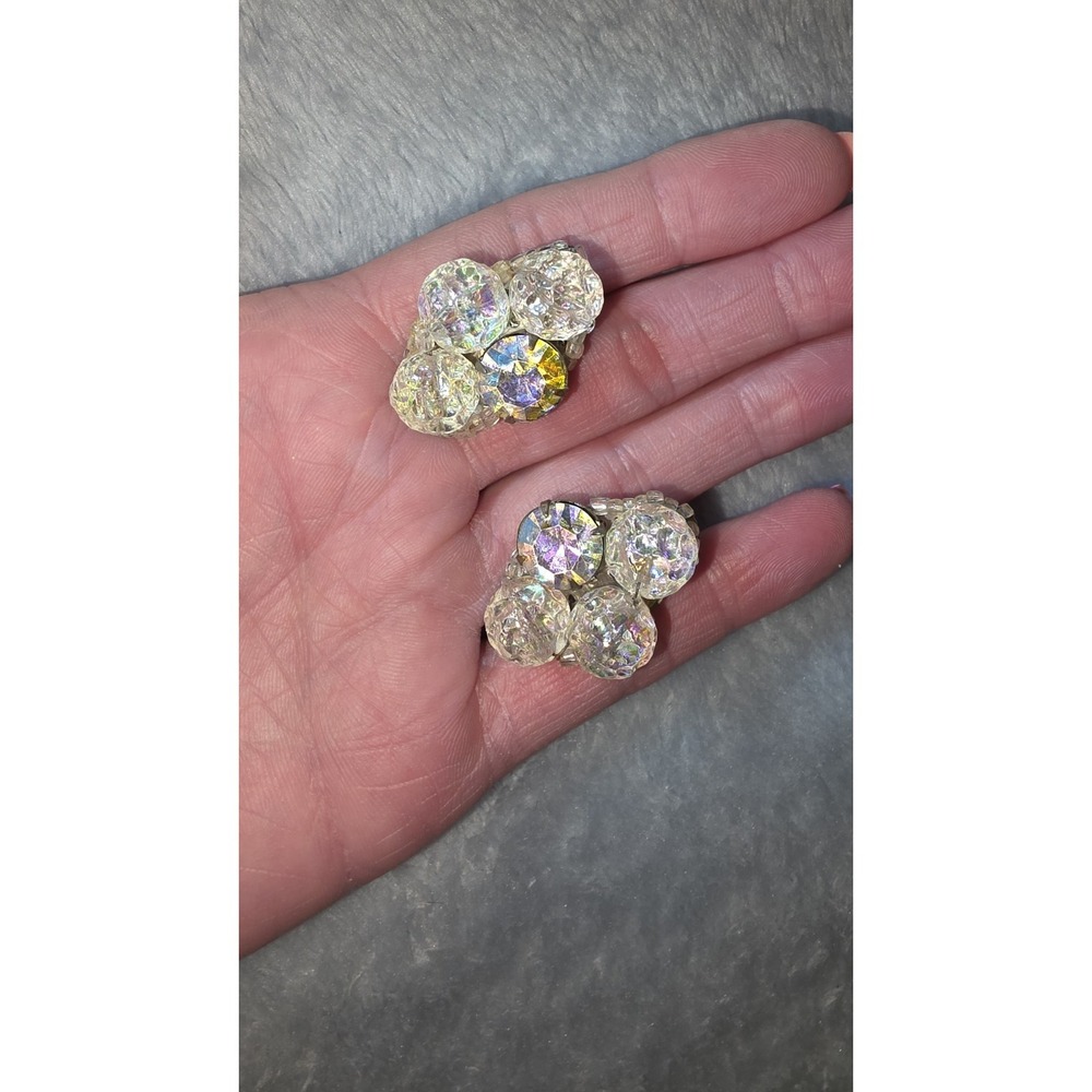 Signed SANDOR Vintage AB Rhinestone Fireball Ball Cluster Clip-On Earrings